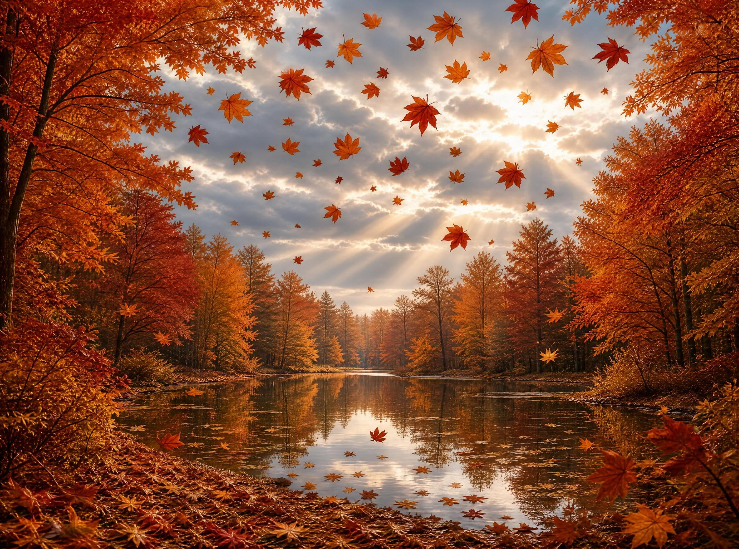 Autumn Lake with Falling Leaves