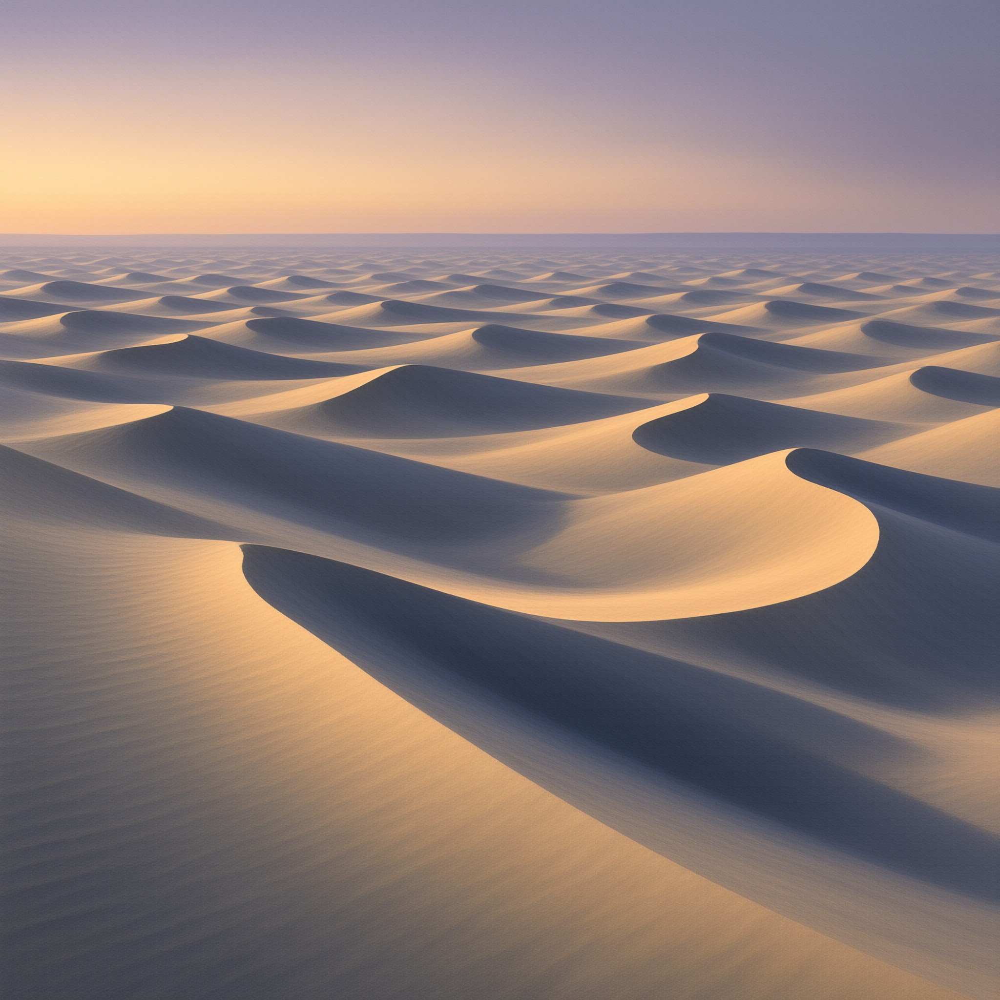 A vast desert landscape features rolling sand dunes bathed in warm golden light near the horizon.