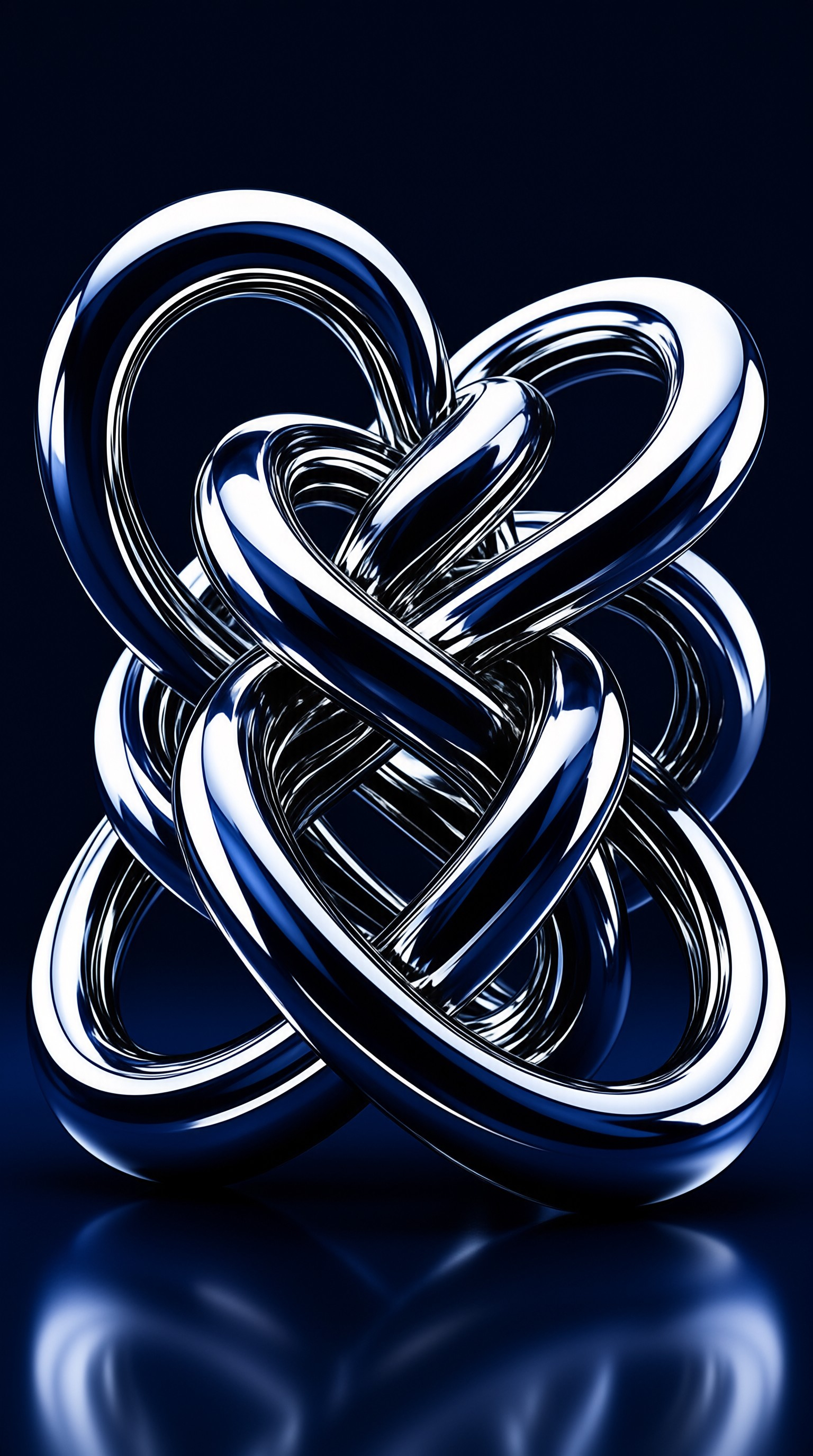 A glossy chrome knot intertwines above a reflective deep blue surface, bright highlights trace its curved edges.