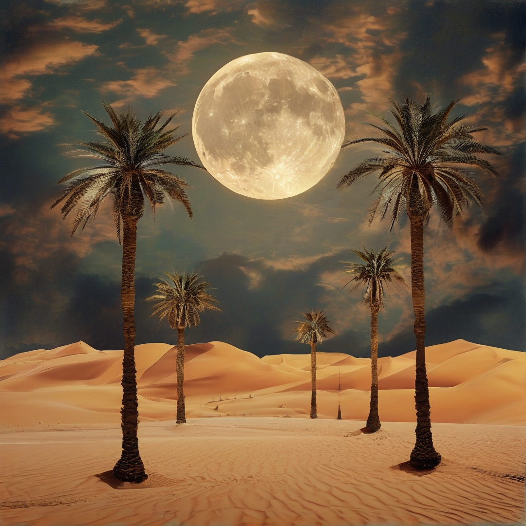 A massive full moon hangs over orange sand dunes while tall palm trees stand in the foreground under a cloudy sky