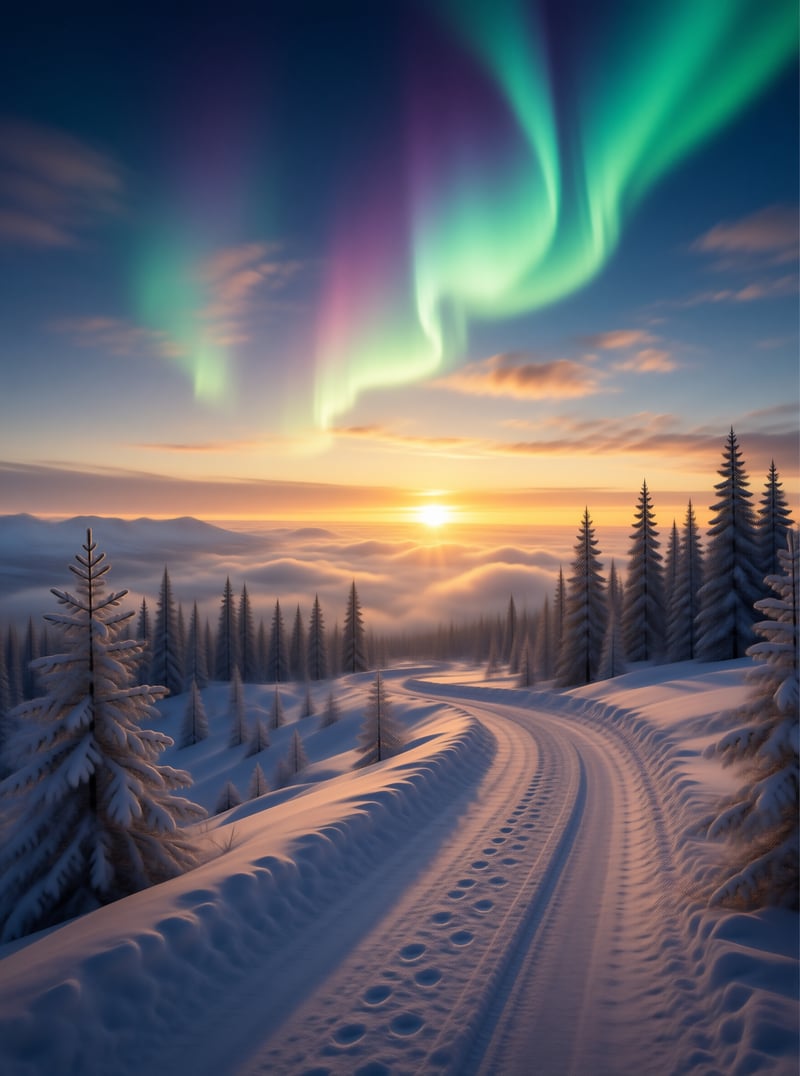 Snowy Path Under Aurora