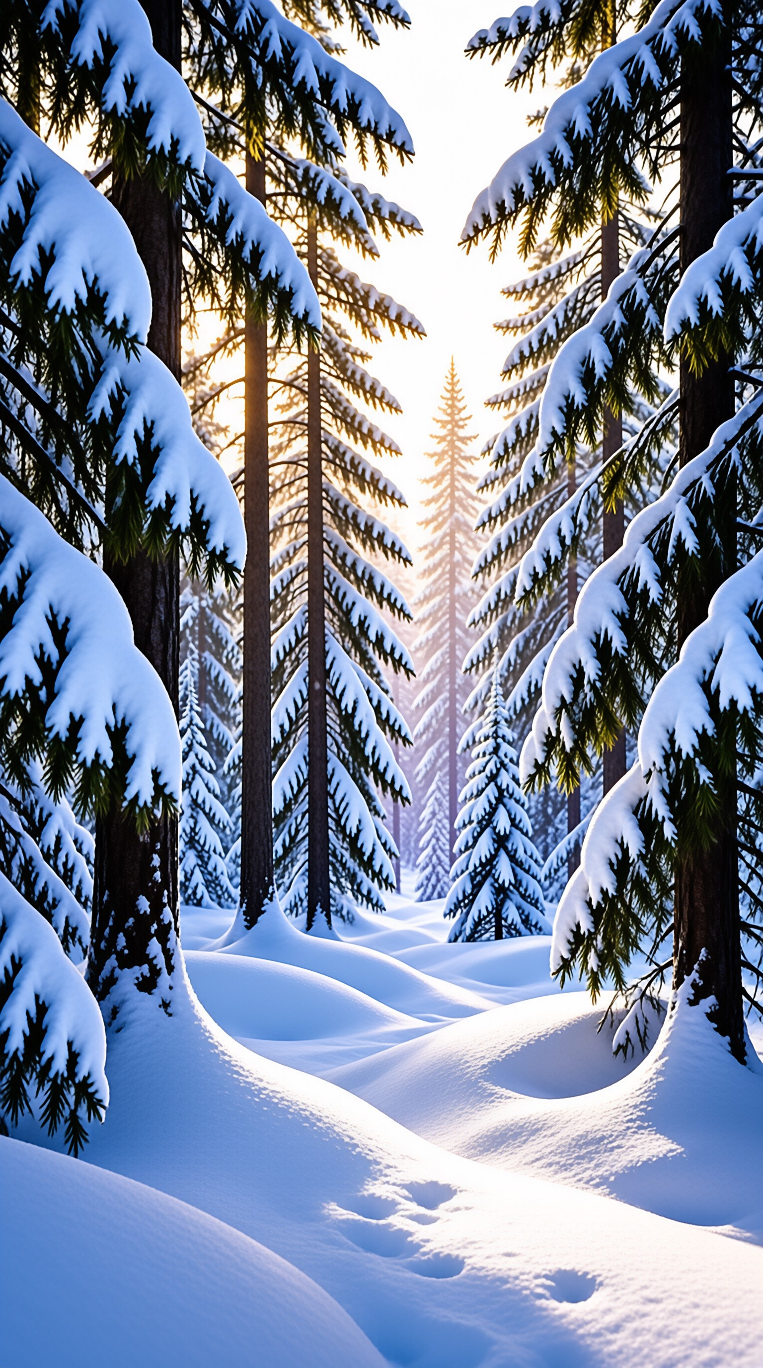 Tall evergreens heavy with fresh snow glow gold as low sunlight filters through a quiet winter woodland.