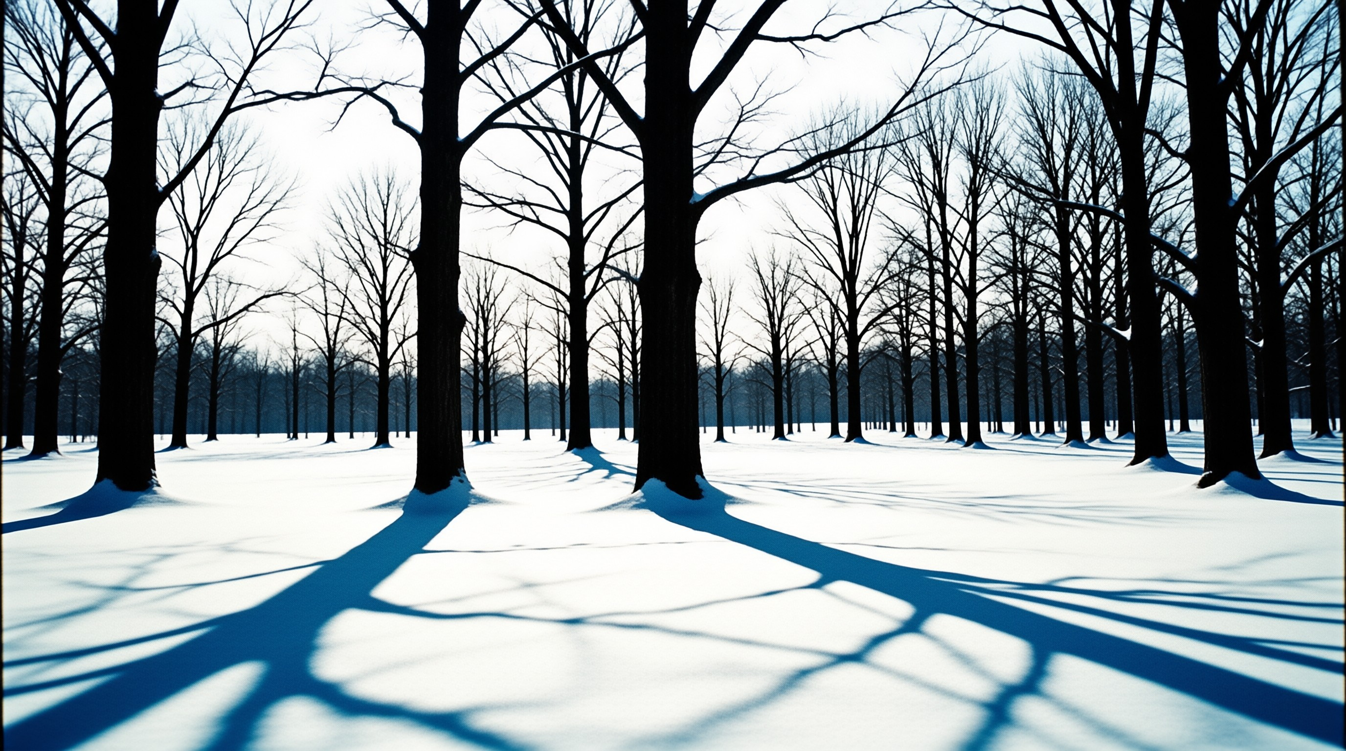 Leafless dark trees line a snow covered winter landscape, throwing long deep blue shadows across the bright white ground under pale cool light.