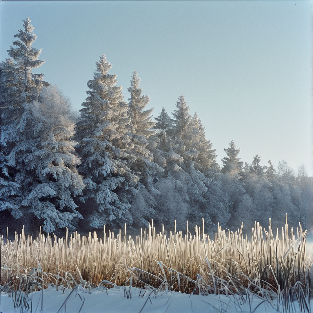 A winter scene showing snow covered evergreen trees behind a field of tall frosted brown grass under a clear blue sky.