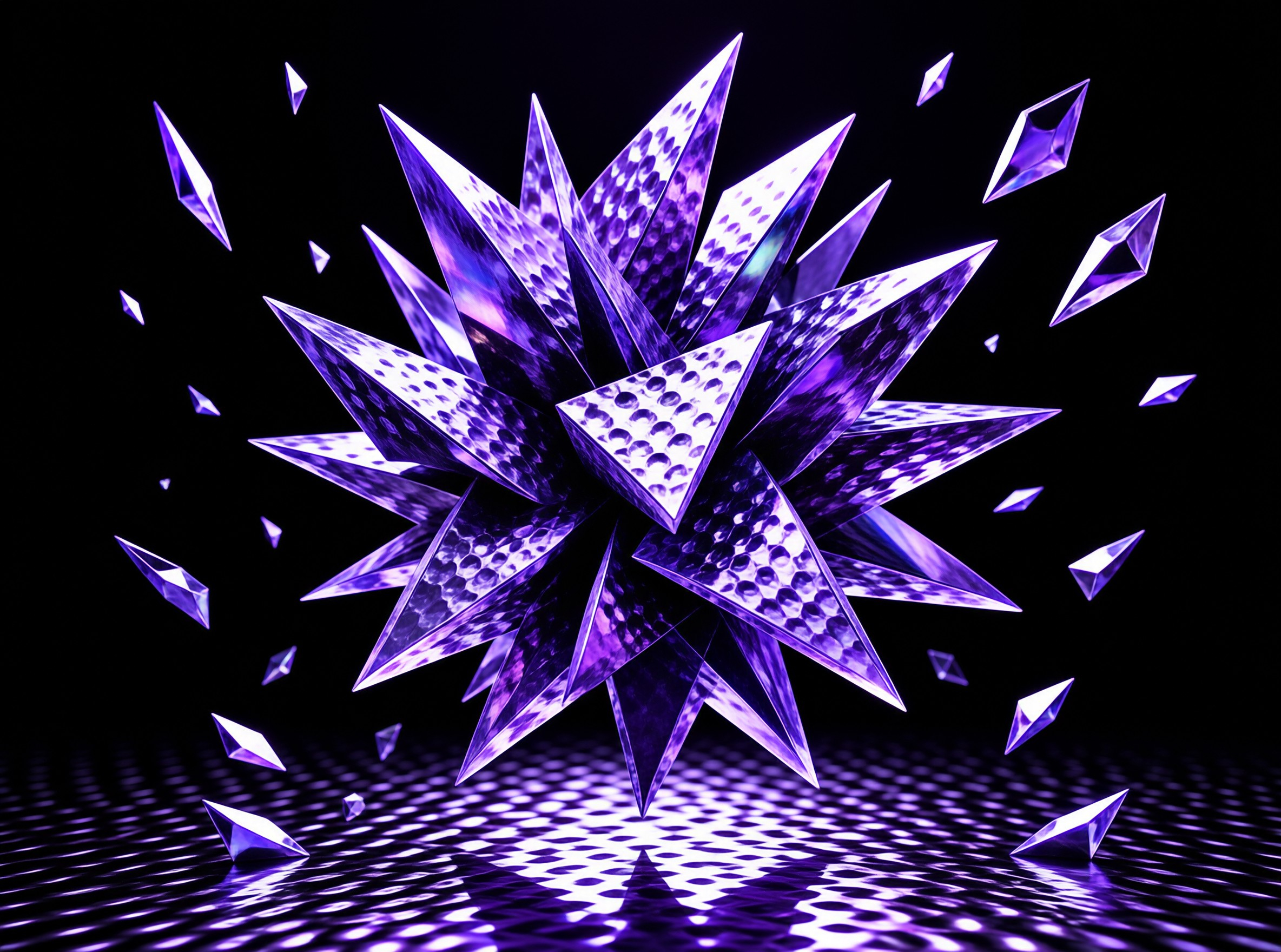 A spiky purple gem star shatters into floating shards above a rippled reflective surface against pure black