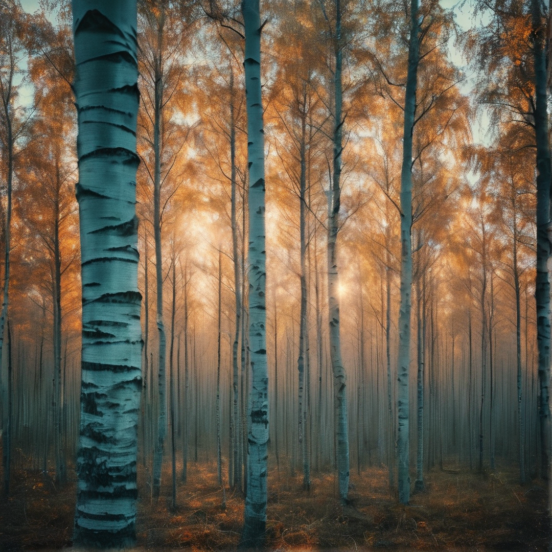Tall white birch trees rise through a misty forest as golden sunlight illuminates the orange autumn canopy above.