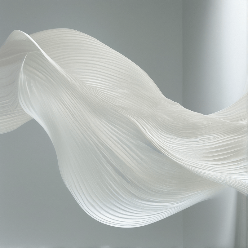 A white sculptural form made of fine parallel strands curves gracefully through a minimalist gray interior with soft lighting.