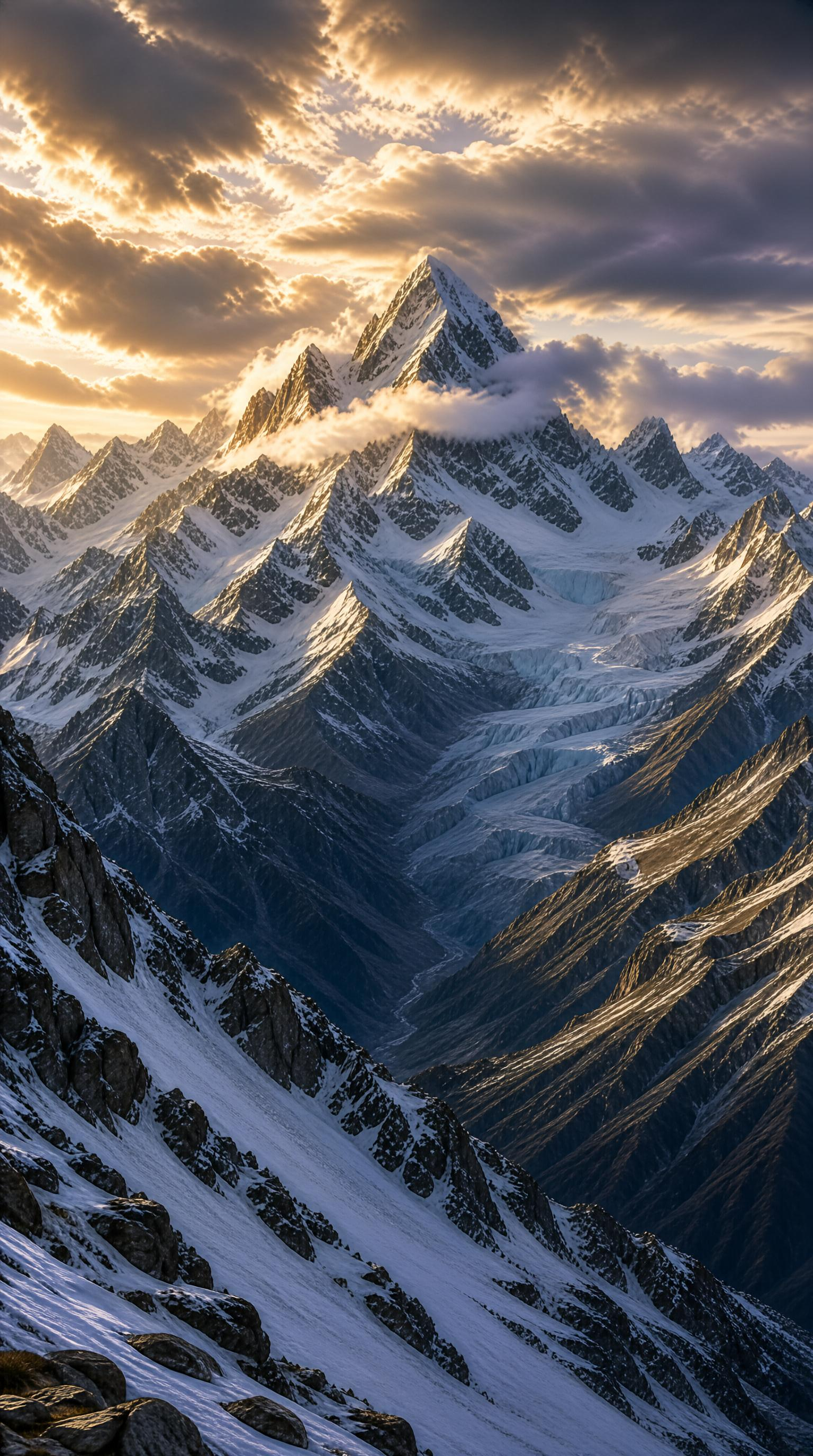Snowy Mountain Peaks at Sunset