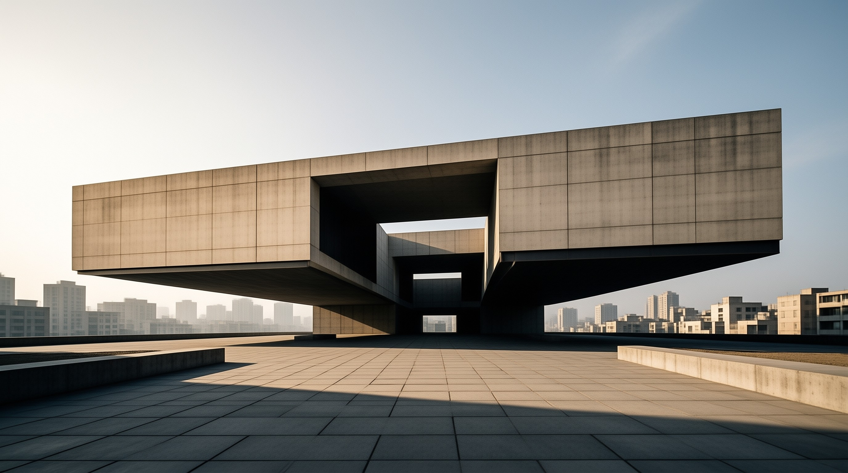 A massive concrete archway stands over a tiled plaza with a distant city skyline visible under a clear sky.