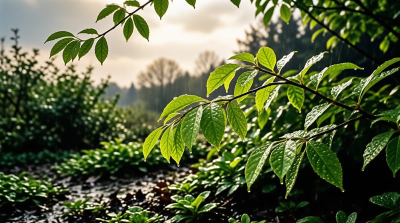 Fresh green tea leaves covered in water droplets glow against a blurred background of trees under bright sunlight.