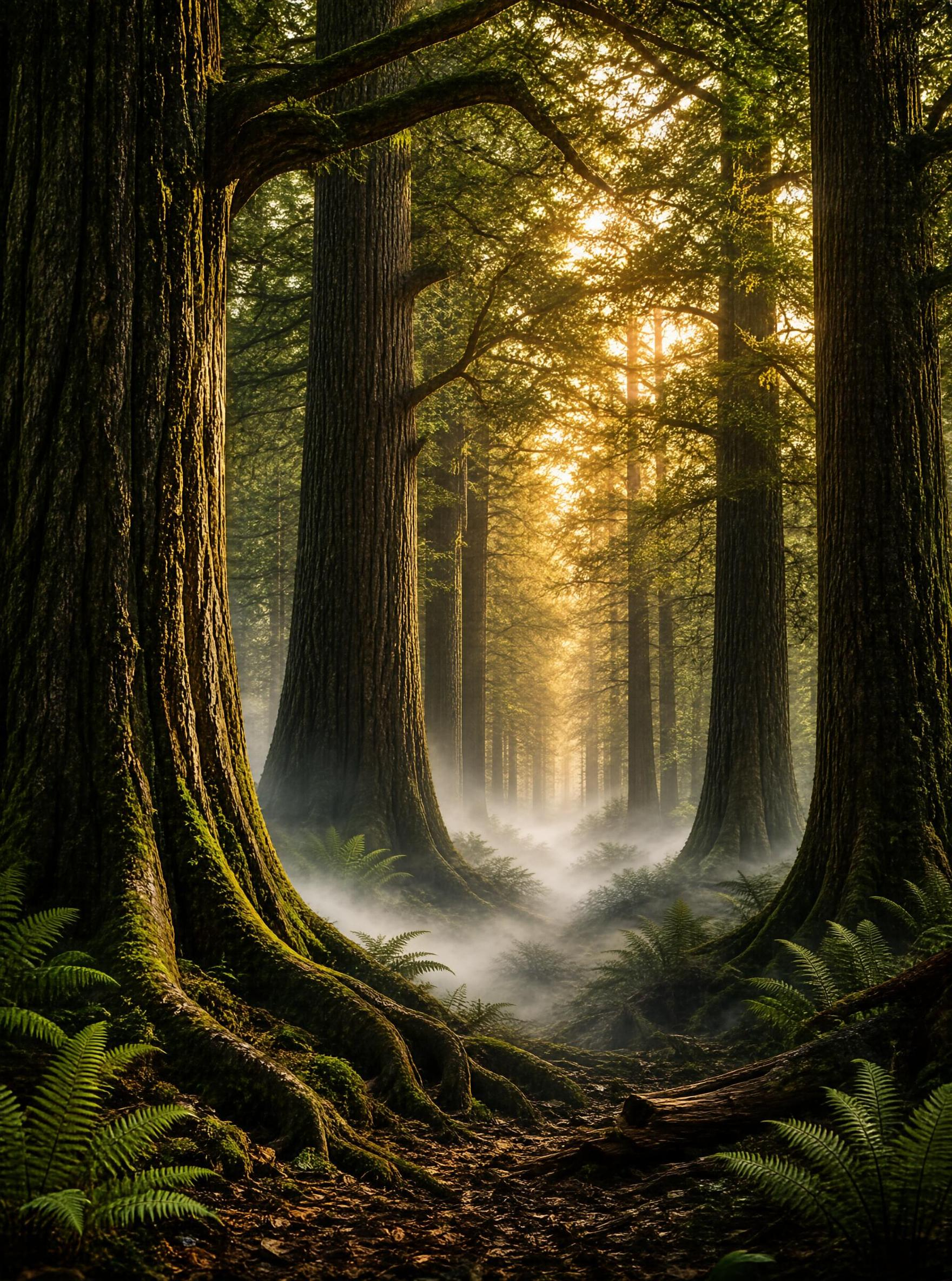 Golden Light in Misty Forest