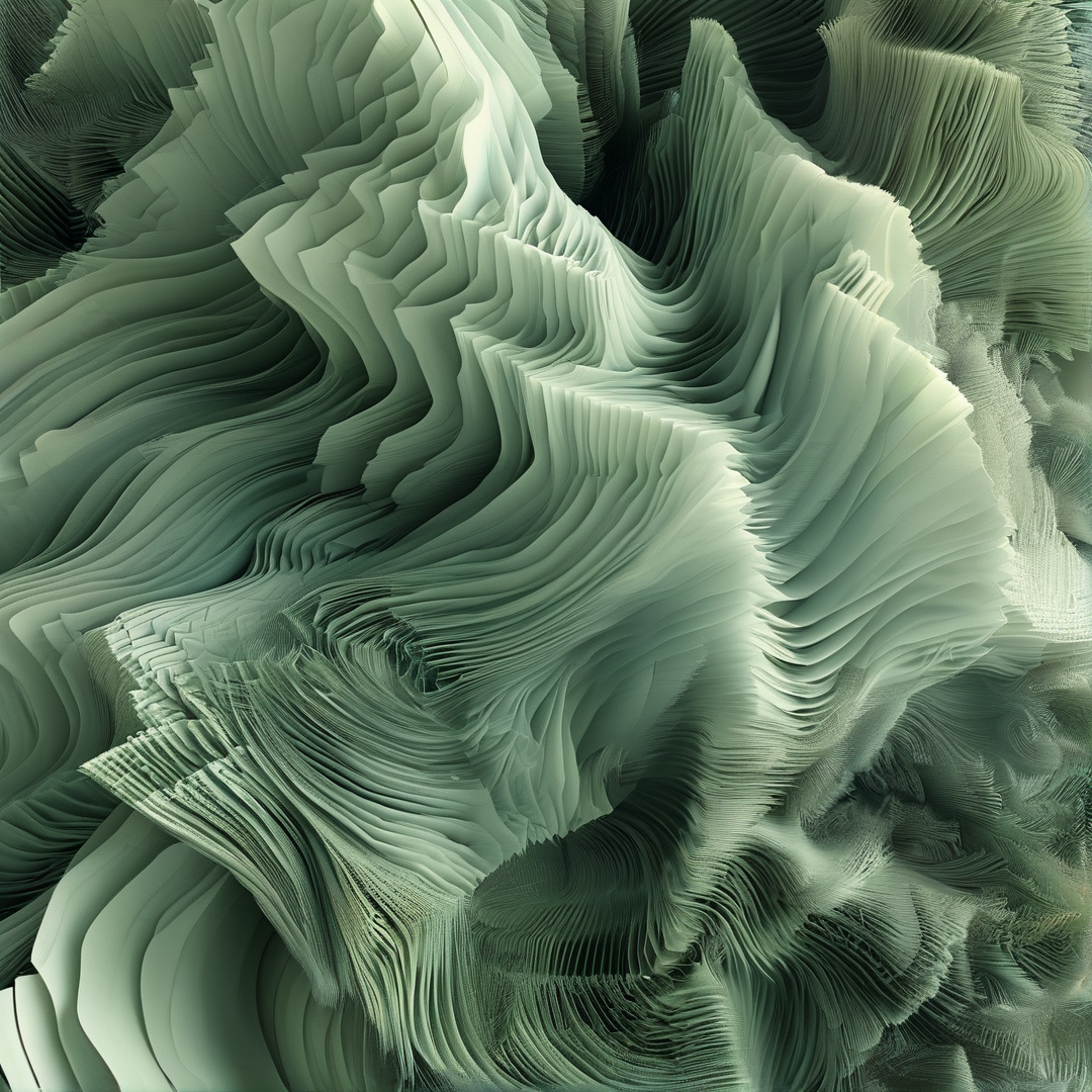 Intricate sage green geological formations create a textured landscape with deep shadowed crevices.