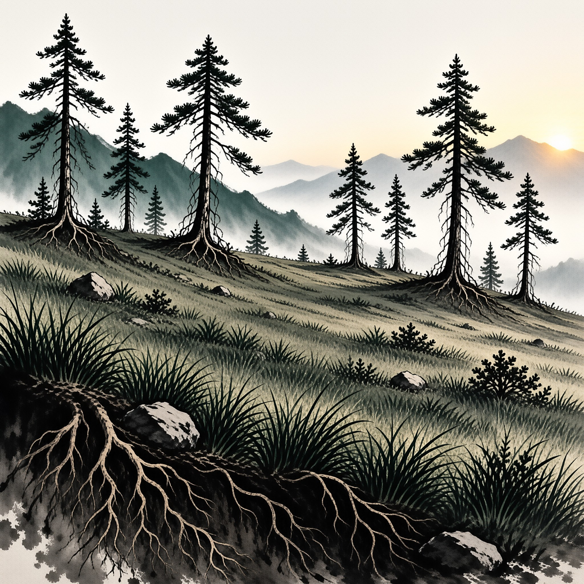 Gnarled pine trees with visible roots grow on sloped grassland, with warm dawn light rising over hazy distant mountains.