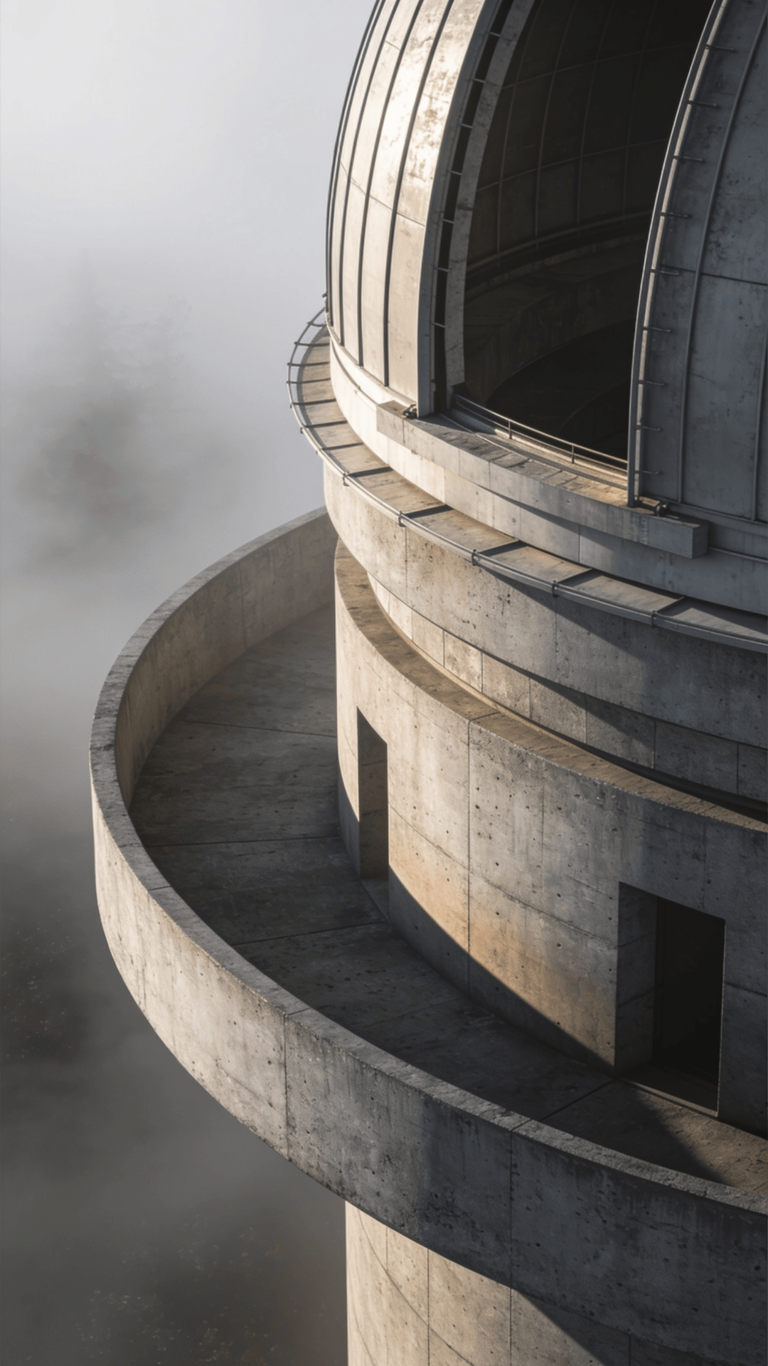 Observatory with Curved Concrete — Foggy Morning