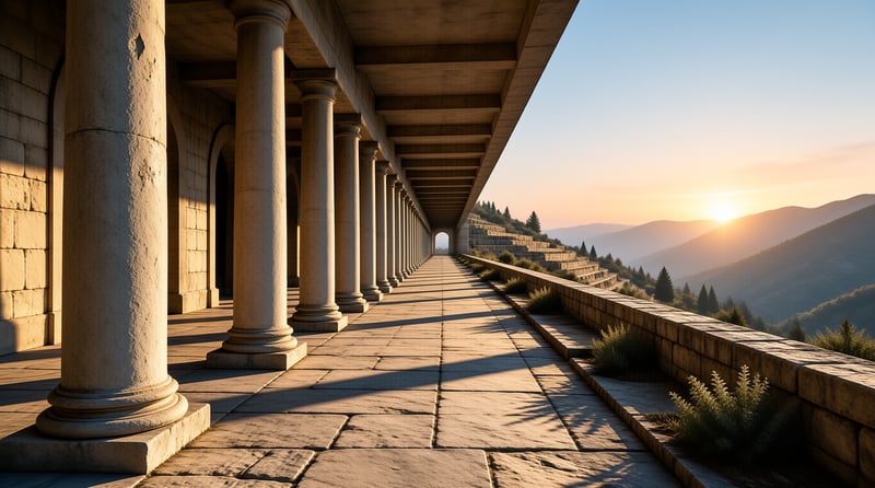 Rows of stone columns create a long shaded walkway overlooking a mountainous landscape with a bright sun near the horizon.