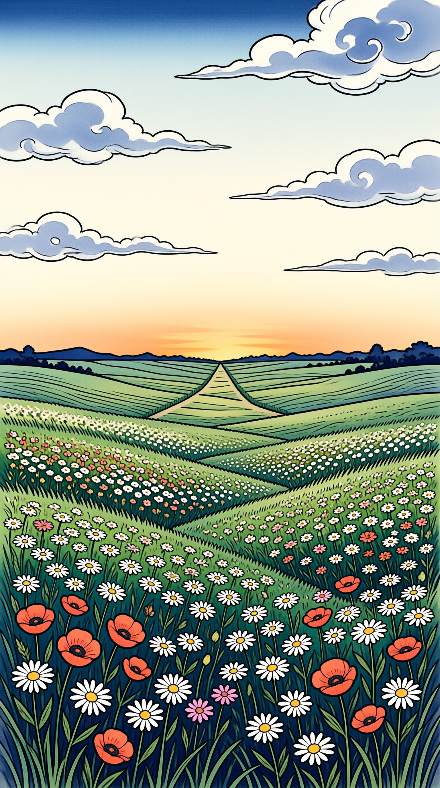 A stylized landscape shows a meadow of red poppies and white daisies leading to rolling hills under a sunset sky.