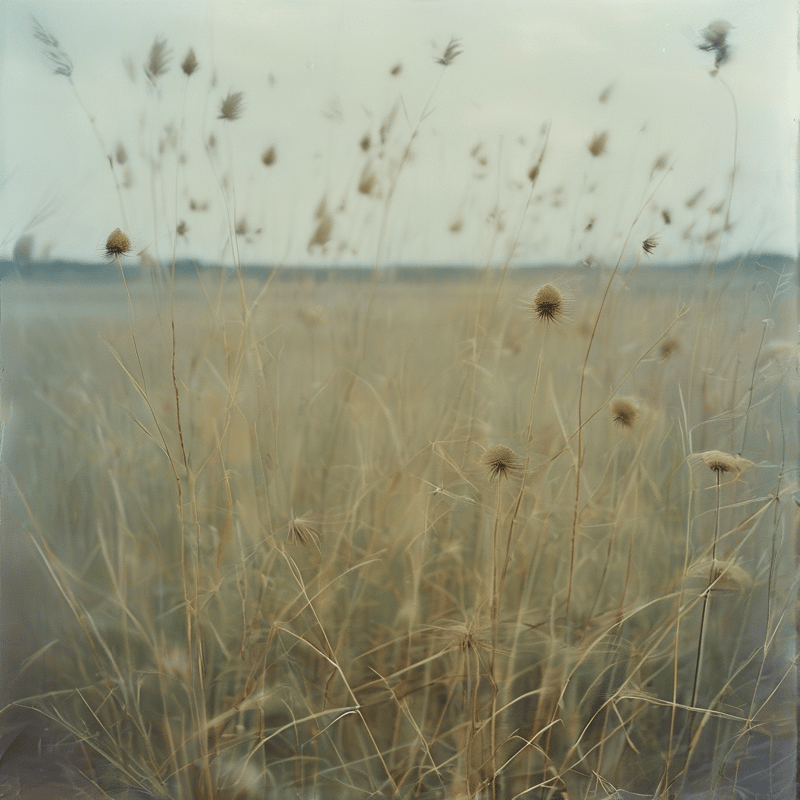 Dried wild plants and grasses sway gently in a soft focus field with a hazy ethereal aesthetic and pale colors.