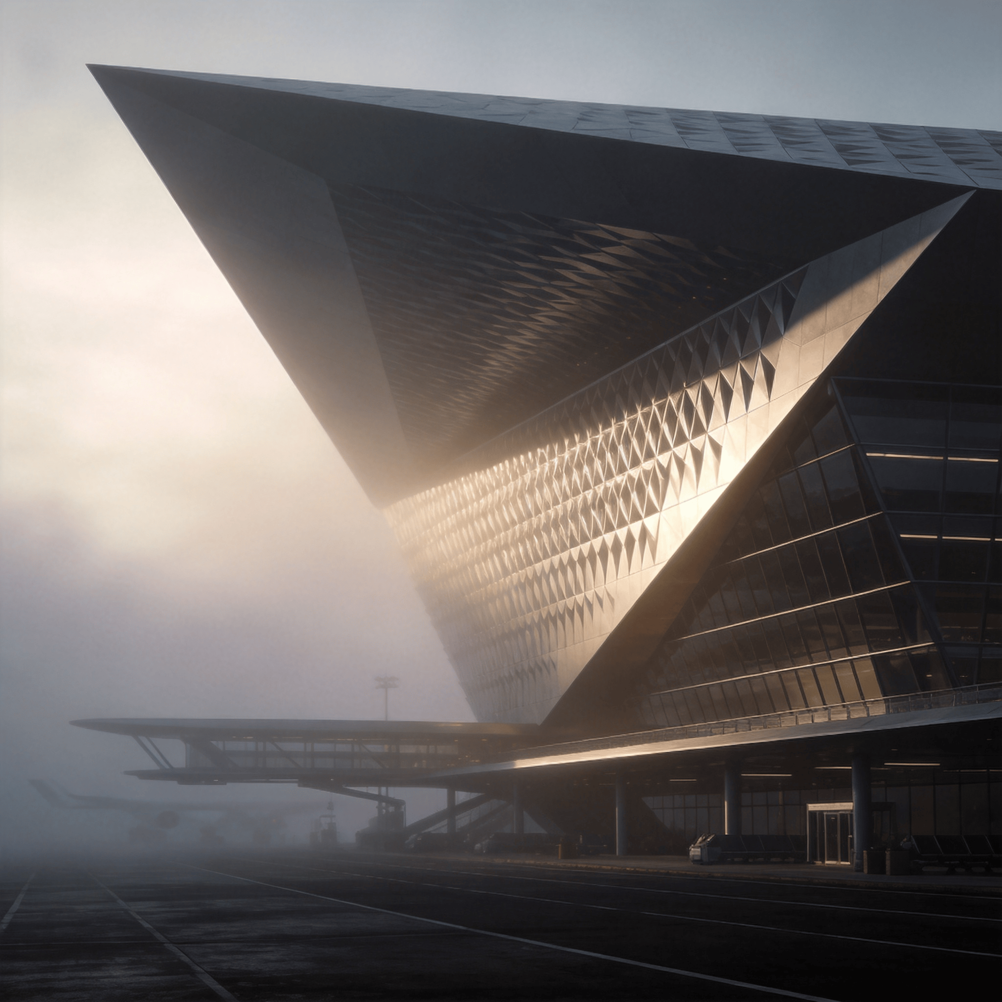 Terminal with Parametric Facade — Foggy Morning