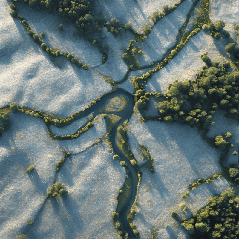 Aerial view of a dark river snaking across a pale textured landscape dotted with green shrubs under low sunlight.