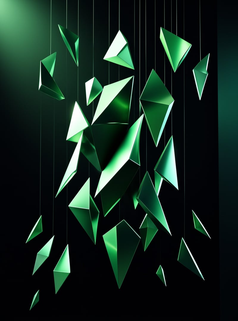 Metallic green prisms dangle from thin wires over a black void lit from the side.