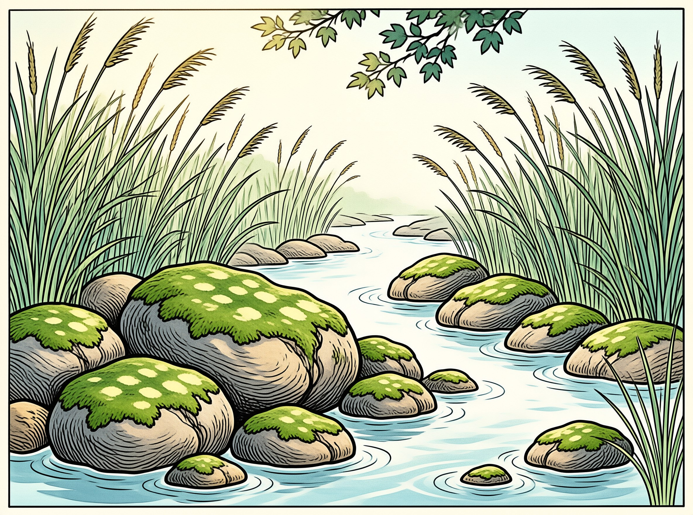 An illustration of a shallow stream flowing past moss-covered rocks and tall reeds framed by overhanging tree branches.