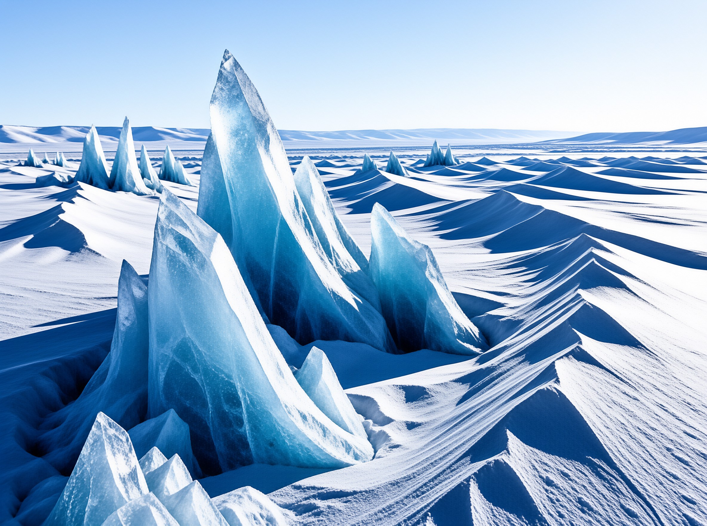 Tall blue ice formations rise across a vast white frozen plain with rolling hills in the distance under a clear sky