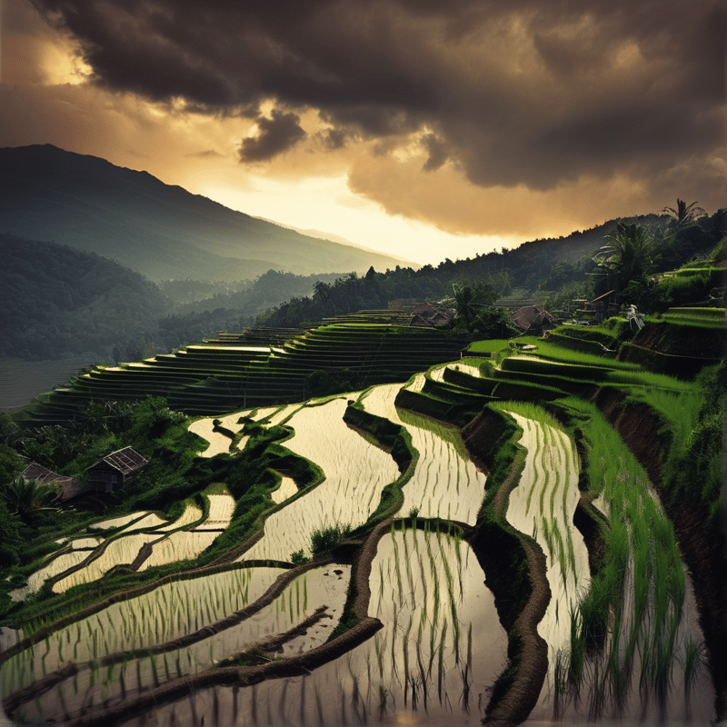Curved water layers and green crops climb hillsides while heavy clouds cast golden light over the valley.
