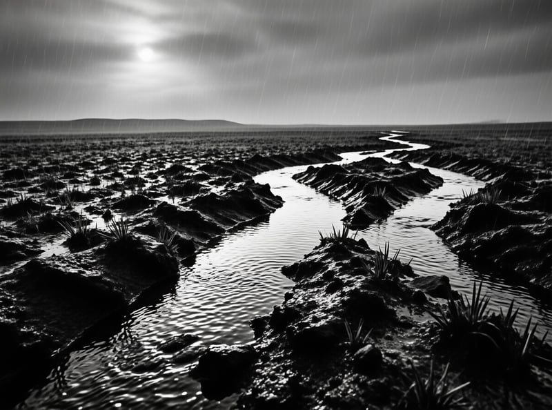 A moody black and white scene of a narrow water channel curving through a marshy field beneath falling rain.