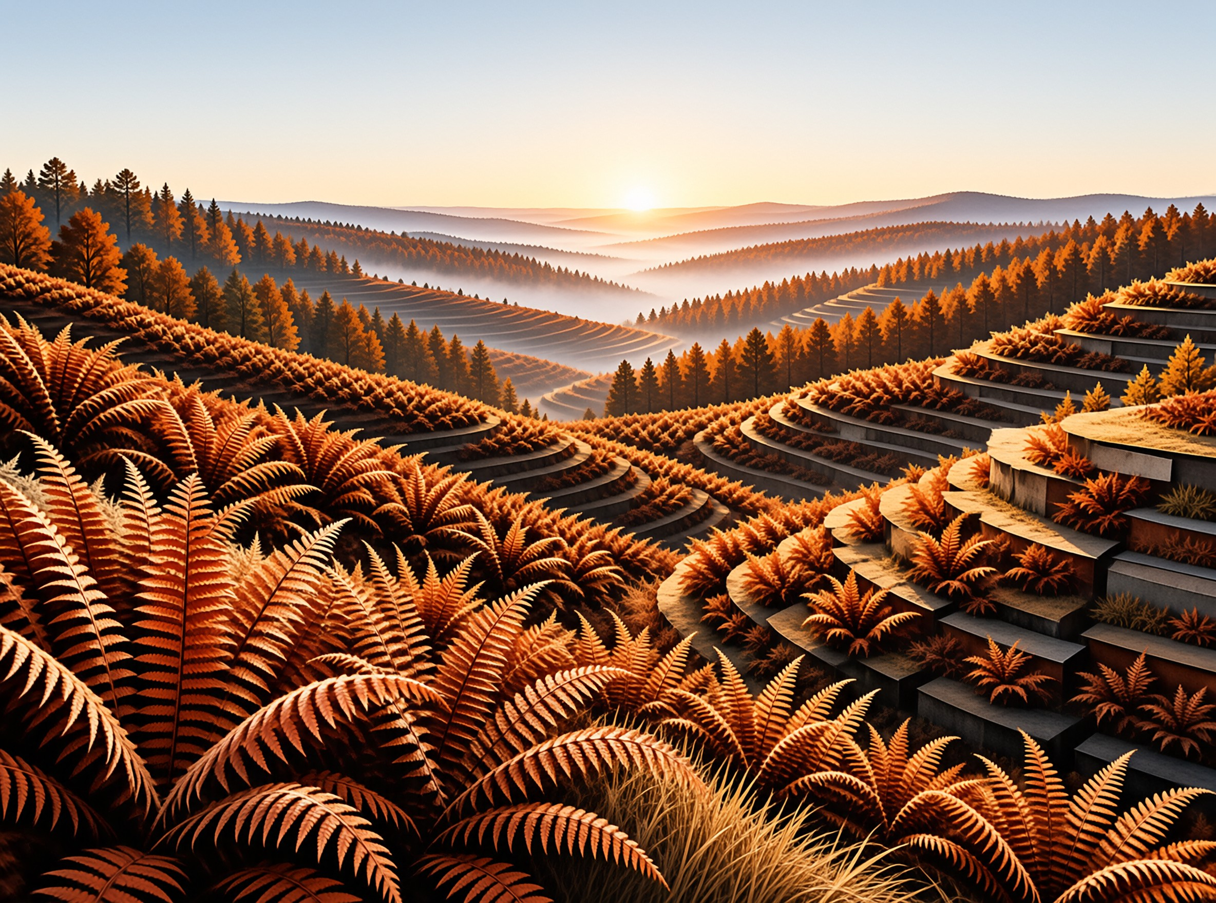 Large golden ferns cover terraced hillsides that curve toward a misty forest valley under a soft sunrise sky.