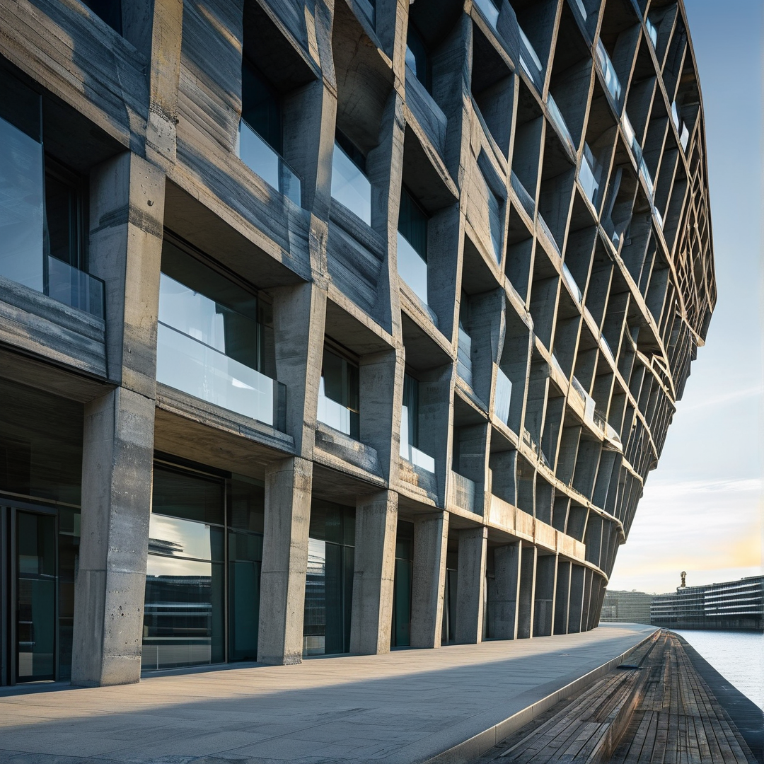 A curved concrete building with a grid facade stands along a waterfront quay bathed in warm afternoon sunlight.