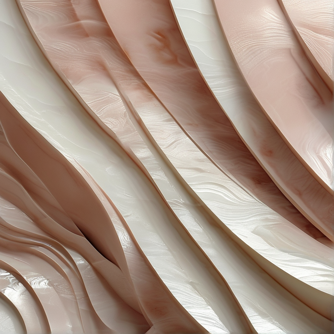 Flowing cream and pale rose silky undulating waves feature fine striated surface textures under bright even lighting