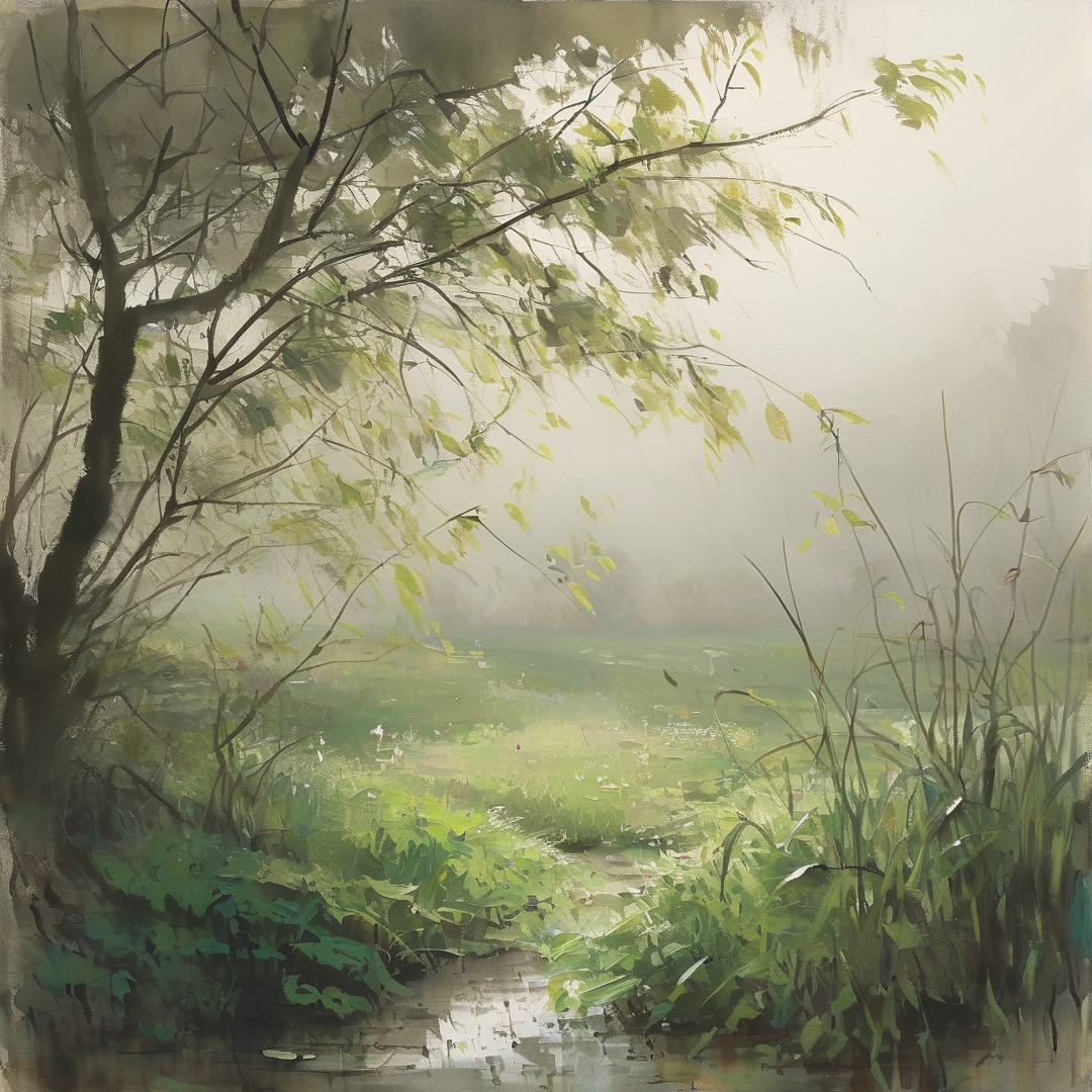 Loose brushstrokes depict a leaning tree above a hazy meadow of pale green foliage and still water.