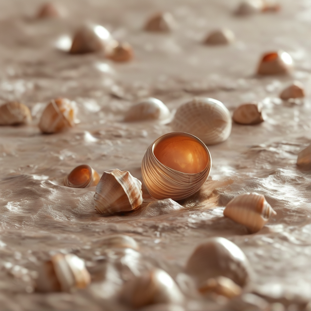 Several seashells scattered across wet sand with soft lighting highlighting the texture of the shells and the ground.
