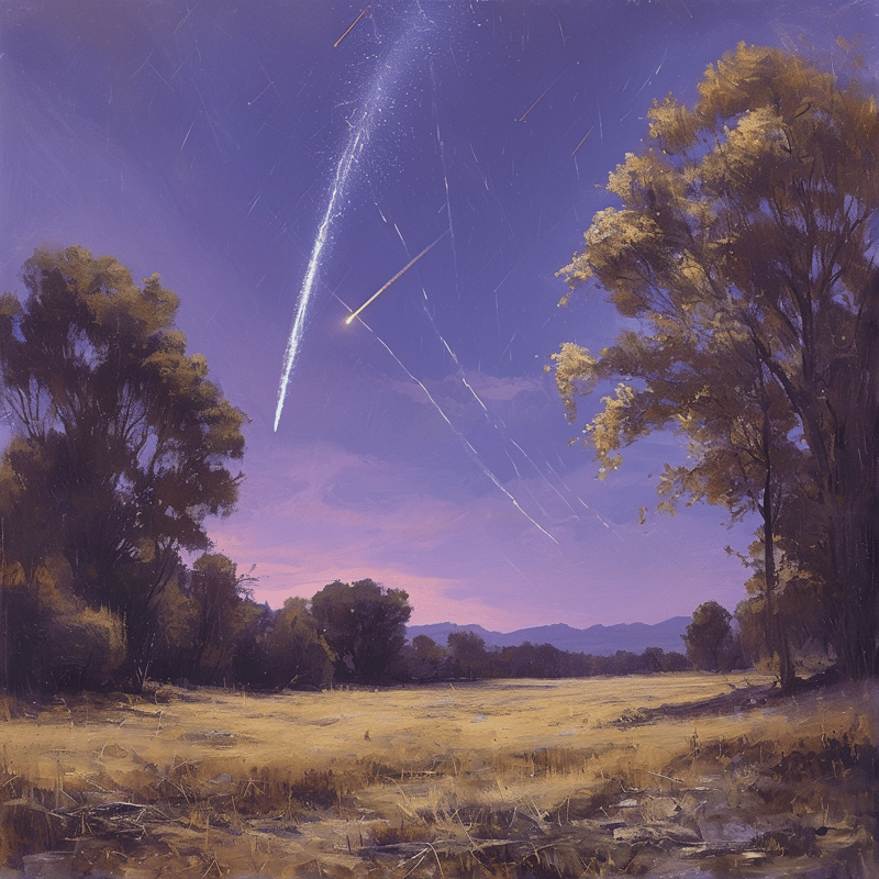 Bright meteor trails streak across a purple sky above a dry grassy field bordered by trees.