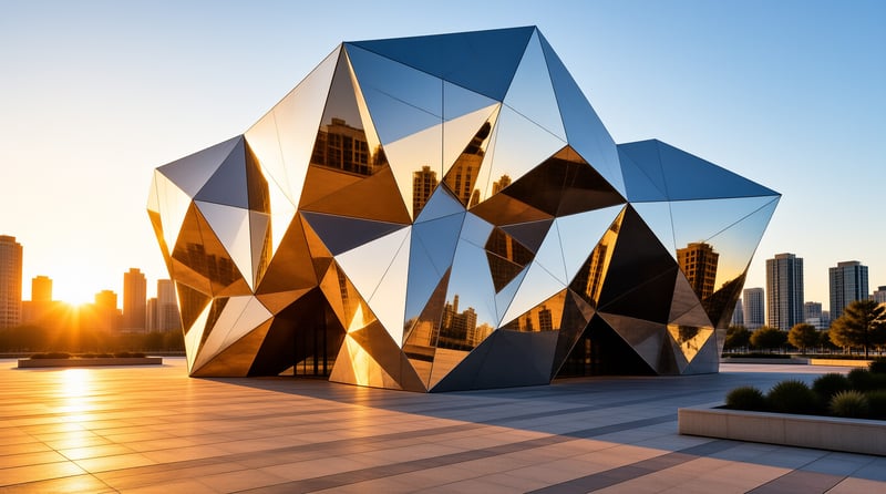 A faceted glass building reflects the city skyline in a wide paved plaza during golden hour lighting.