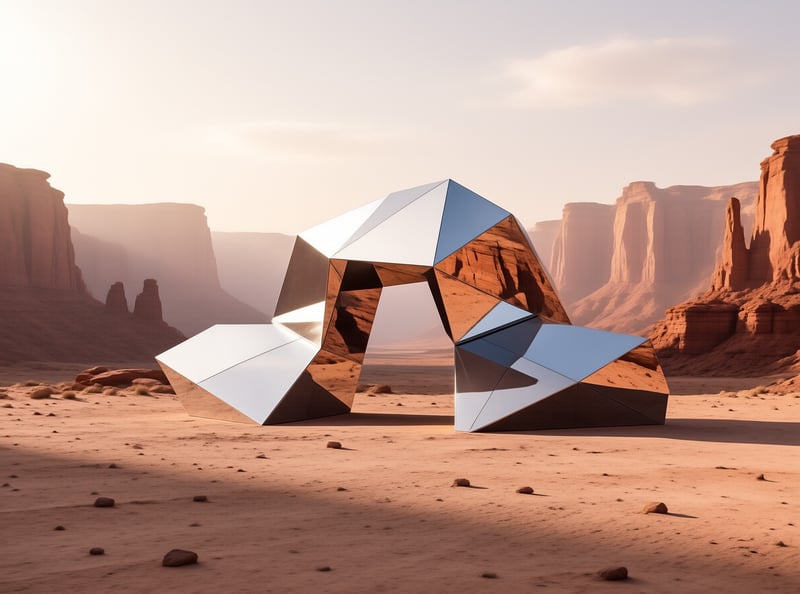 A faceted reflective sculpture stands on cracked desert sand, echoing the red rock mesas glowing in soft morning light.