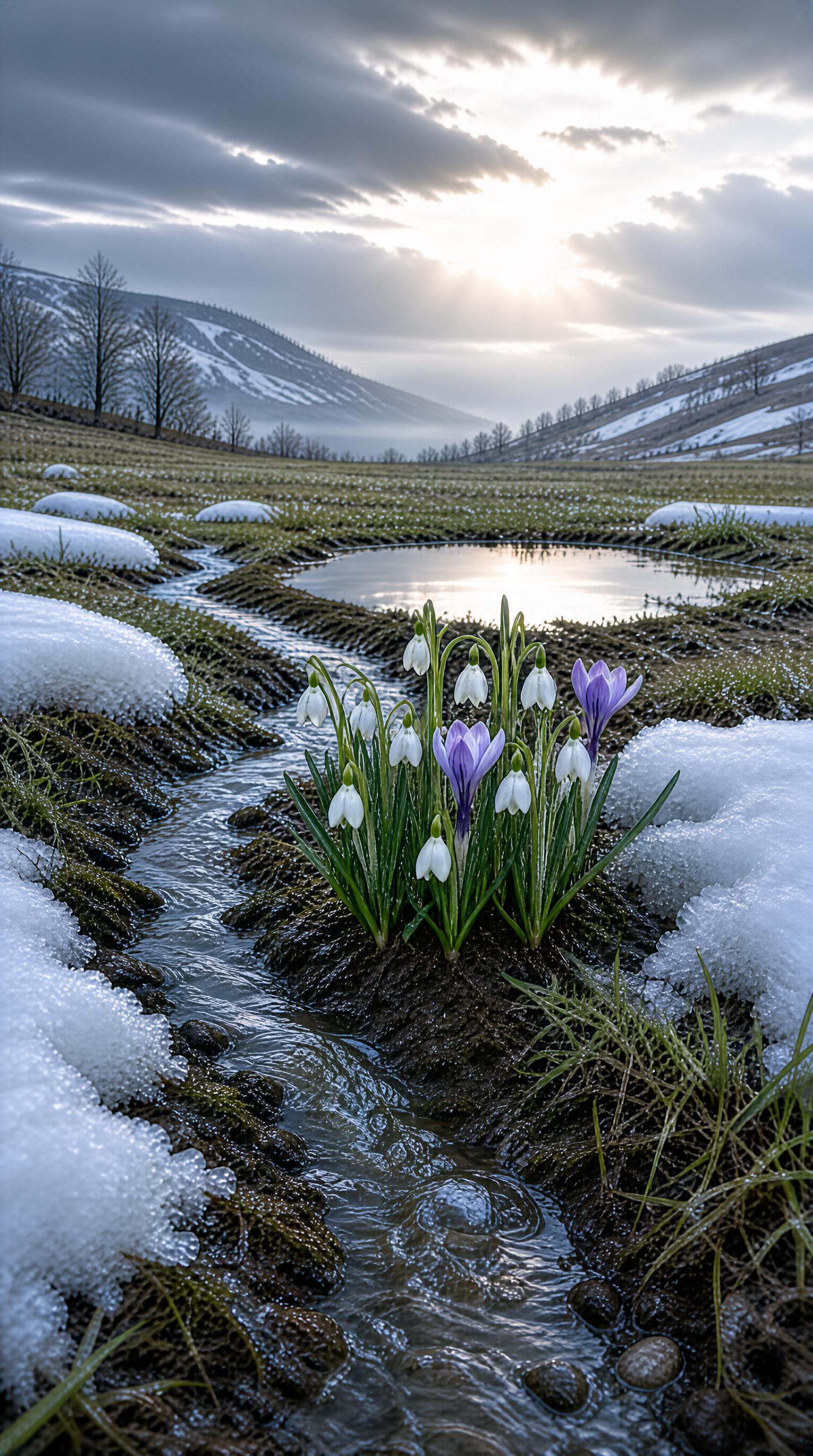 Spring Flowers in Snowy Landscape