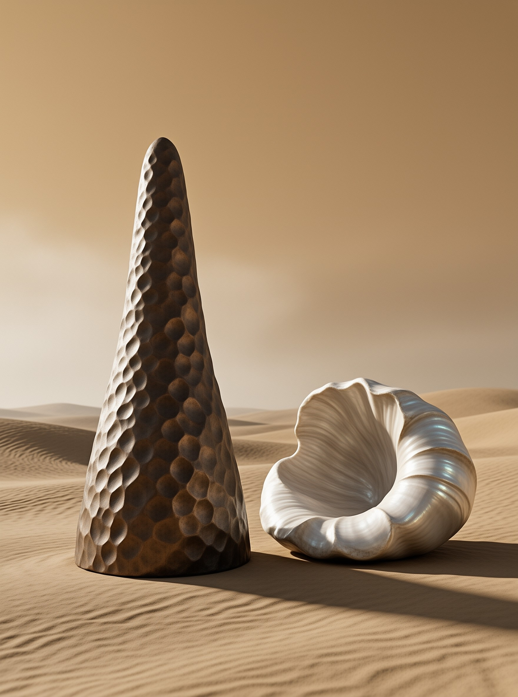 A dimpled metal cone stands beside a glossy spiral shell on wind-rippled sand under soft warm light.