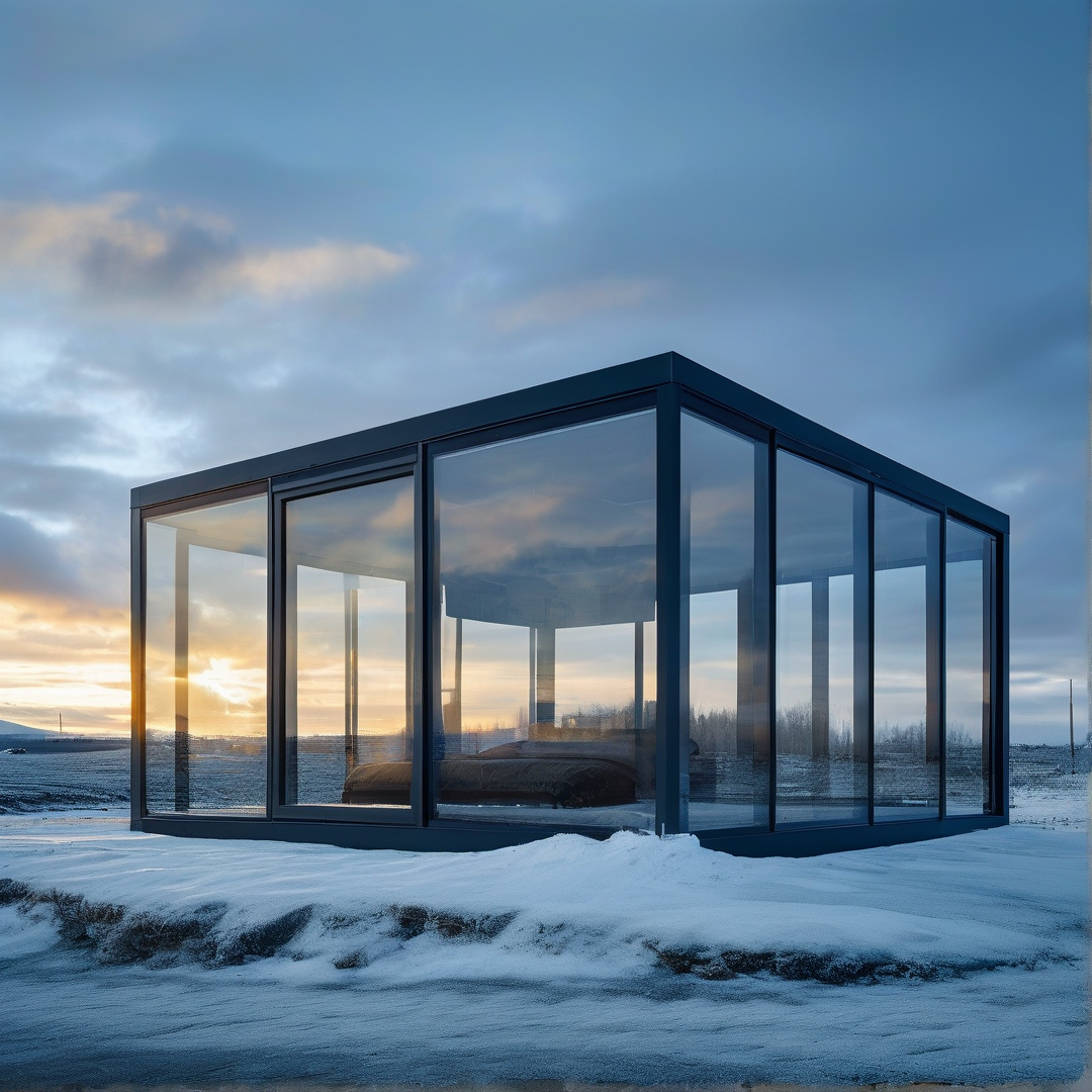 A glass walled cabin sits on snowy tundra with golden sunset light reflecting across its clear transparent exterior panes