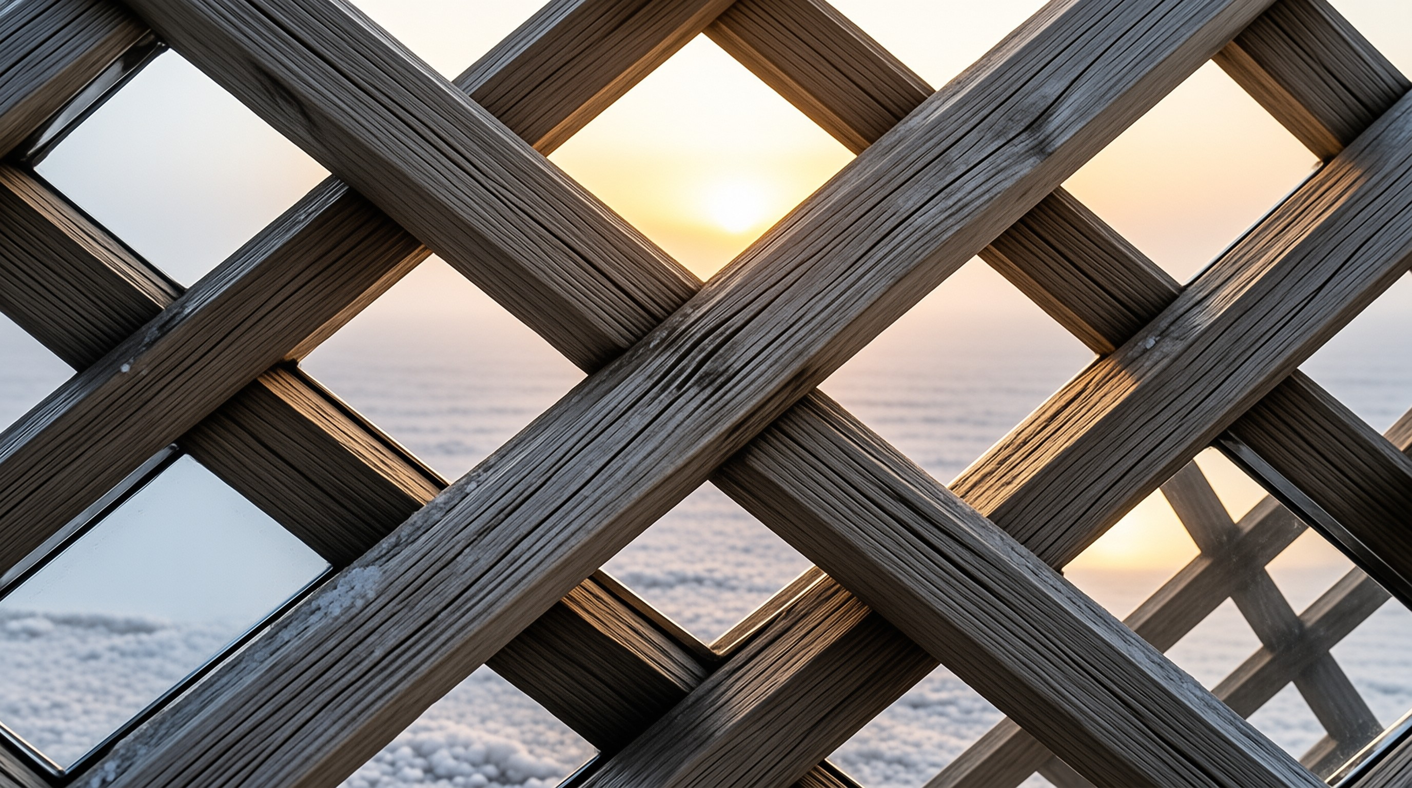 Weathered wooden lattice slats forming a grid pattern that frames a calm ocean and bright sun near the horizon.