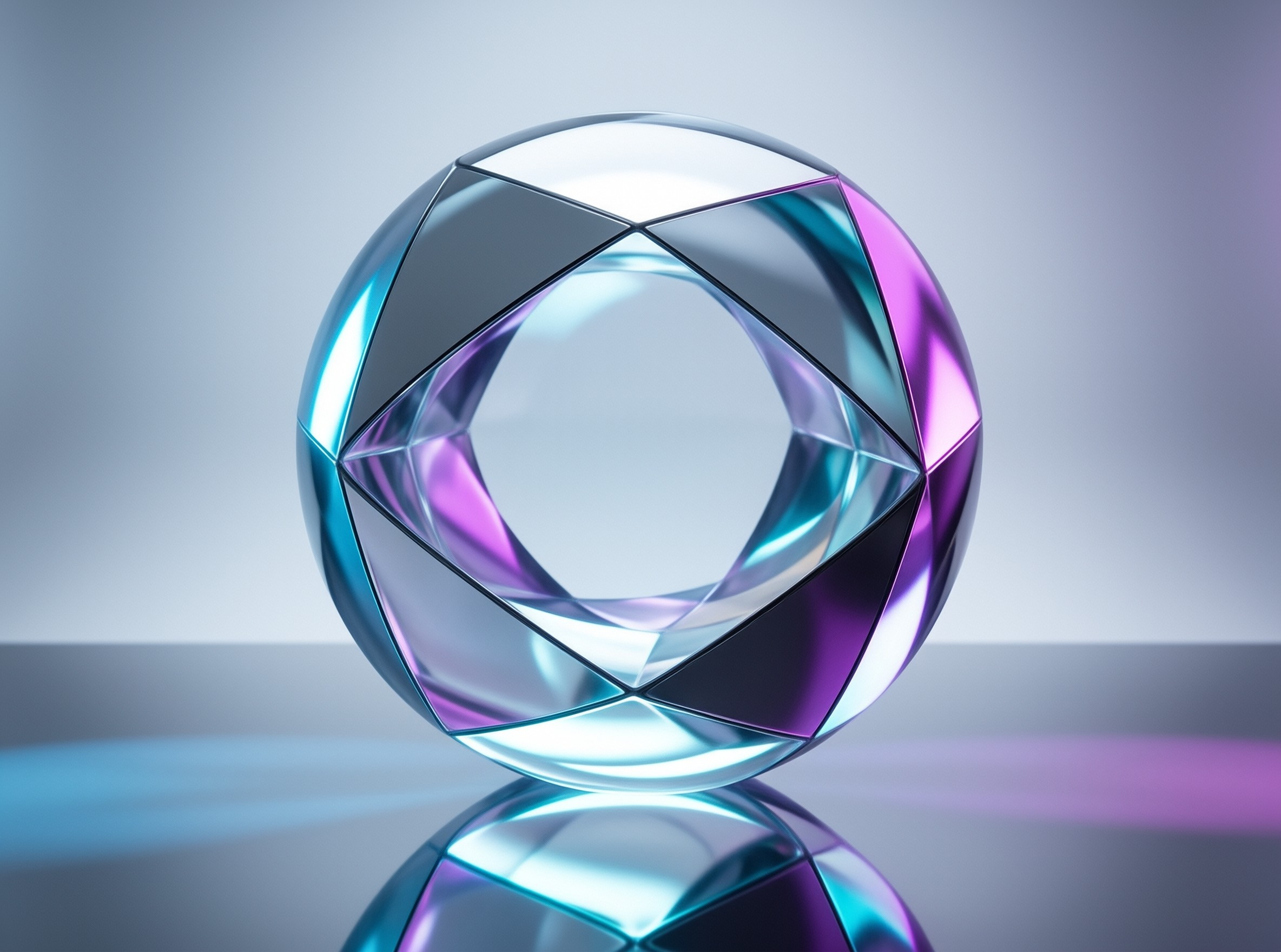 A faceted spherical object displays iridescent purple and blue reflections while sitting on a smooth gray surface.