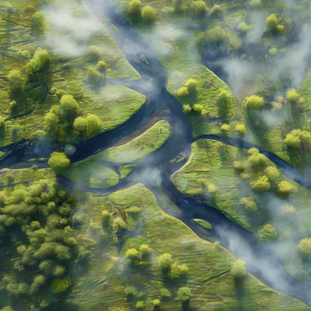 Aerial View of Misty River