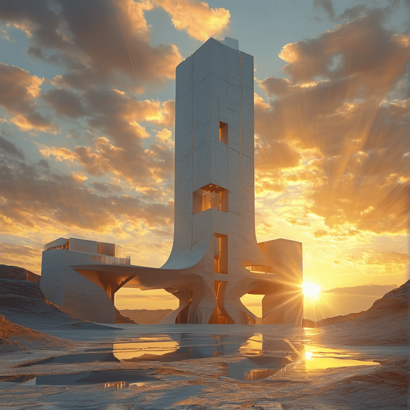 A tall white concrete structure stands in a rocky desert with its reflection visible in the water under a cloudy sky.