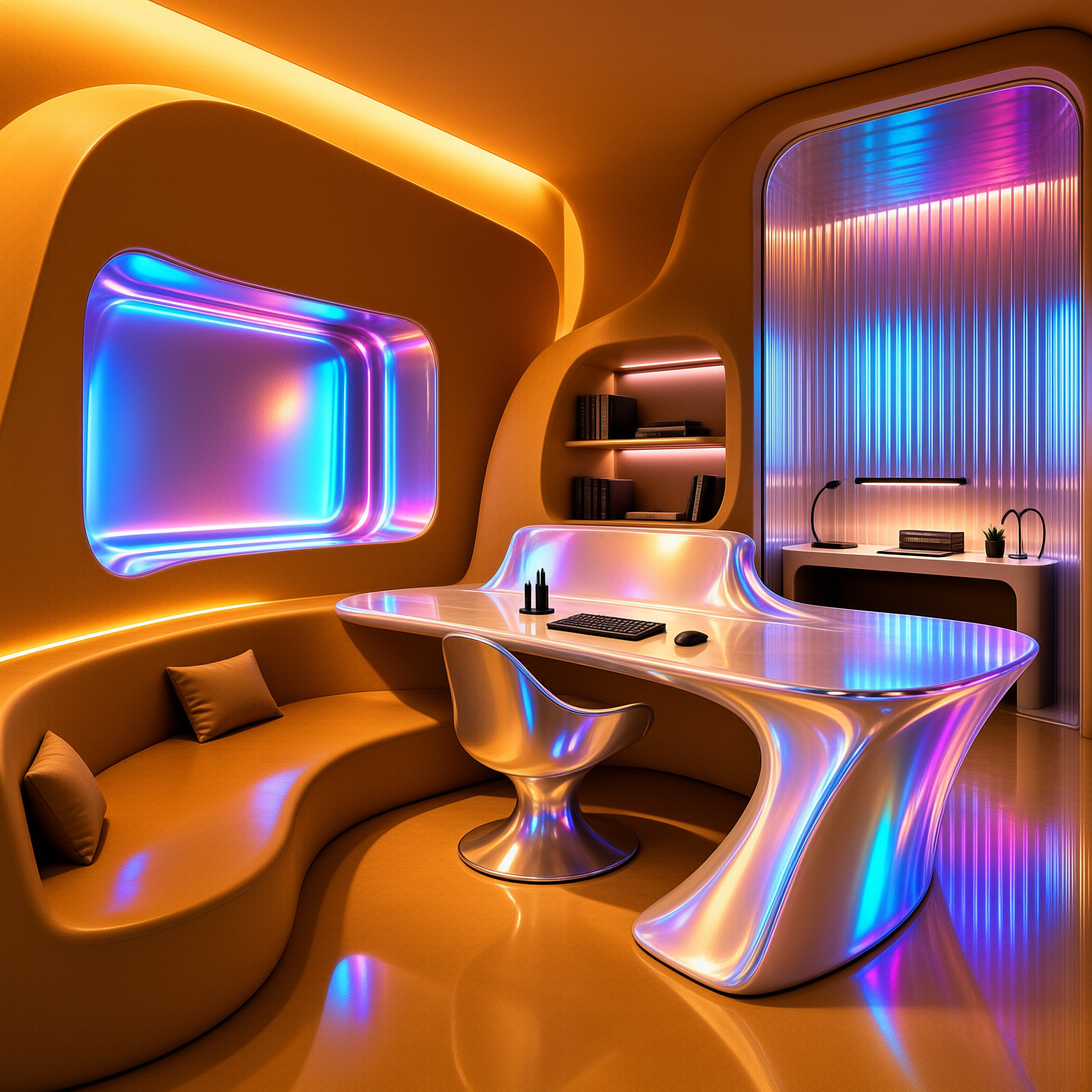 A sleek metallic desk and matching chair sit in a room with smooth curved walls, warm amber ambient lighting, and bright blue and purple neon accents illuminating recessed spaces.