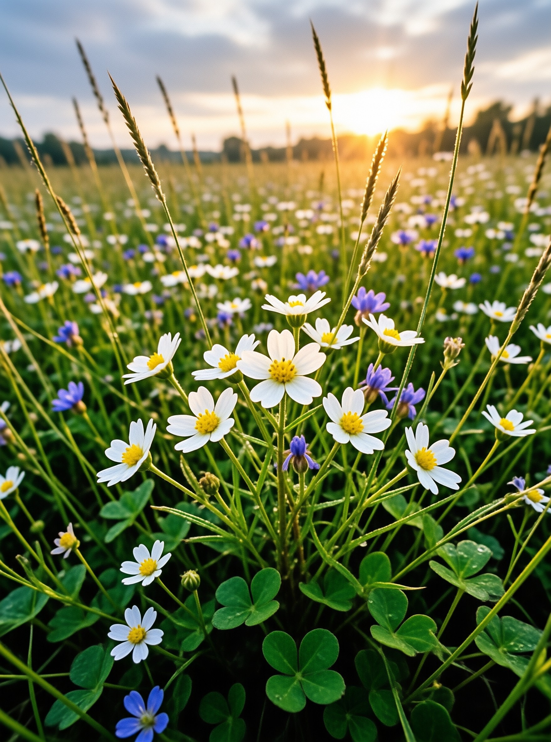 Yellow centered white daisies and small violet blooms dot a lush green meadow as the sun sets low over the distant treeline.