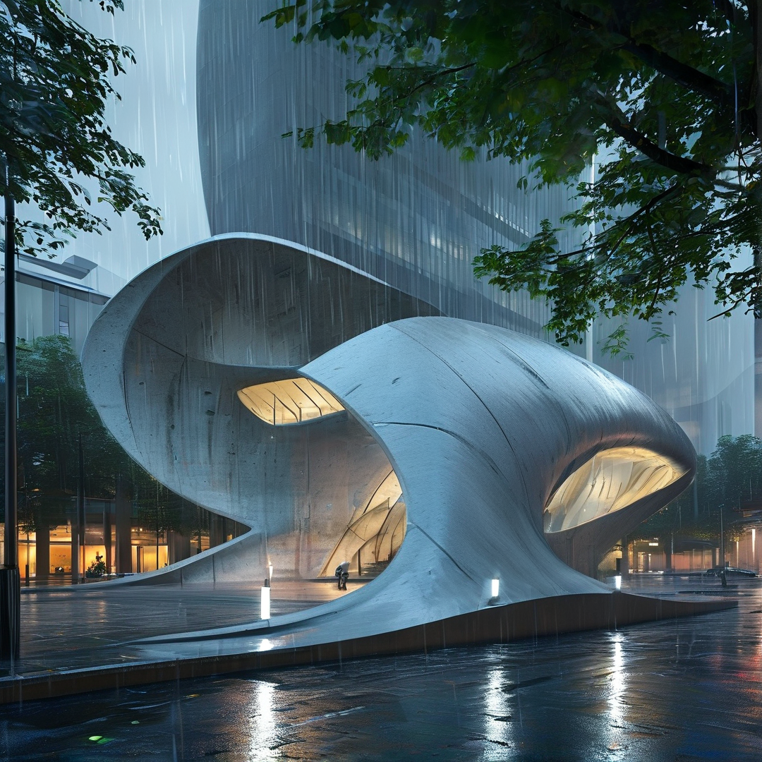 A sinuous concrete sculpture sits on a wet urban plaza, its openings glowing with warm yellow light in cool rainy surroundings.