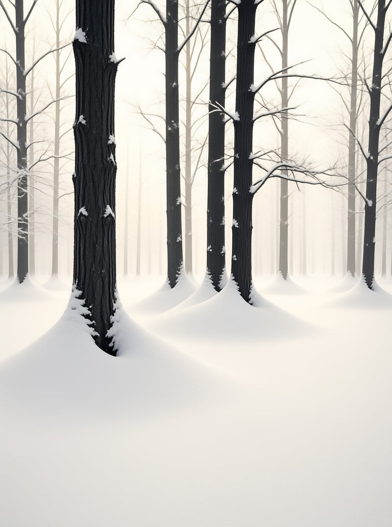 Tall dark trees emerge from sculpted snow drifts in a foggy winter landscape.