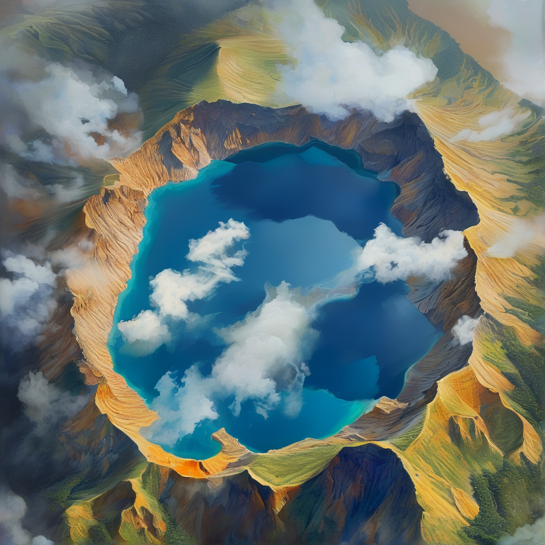 A top down view of a deep blue crater lake mirroring white clouds within a rugged yellowish brown mountain formation.