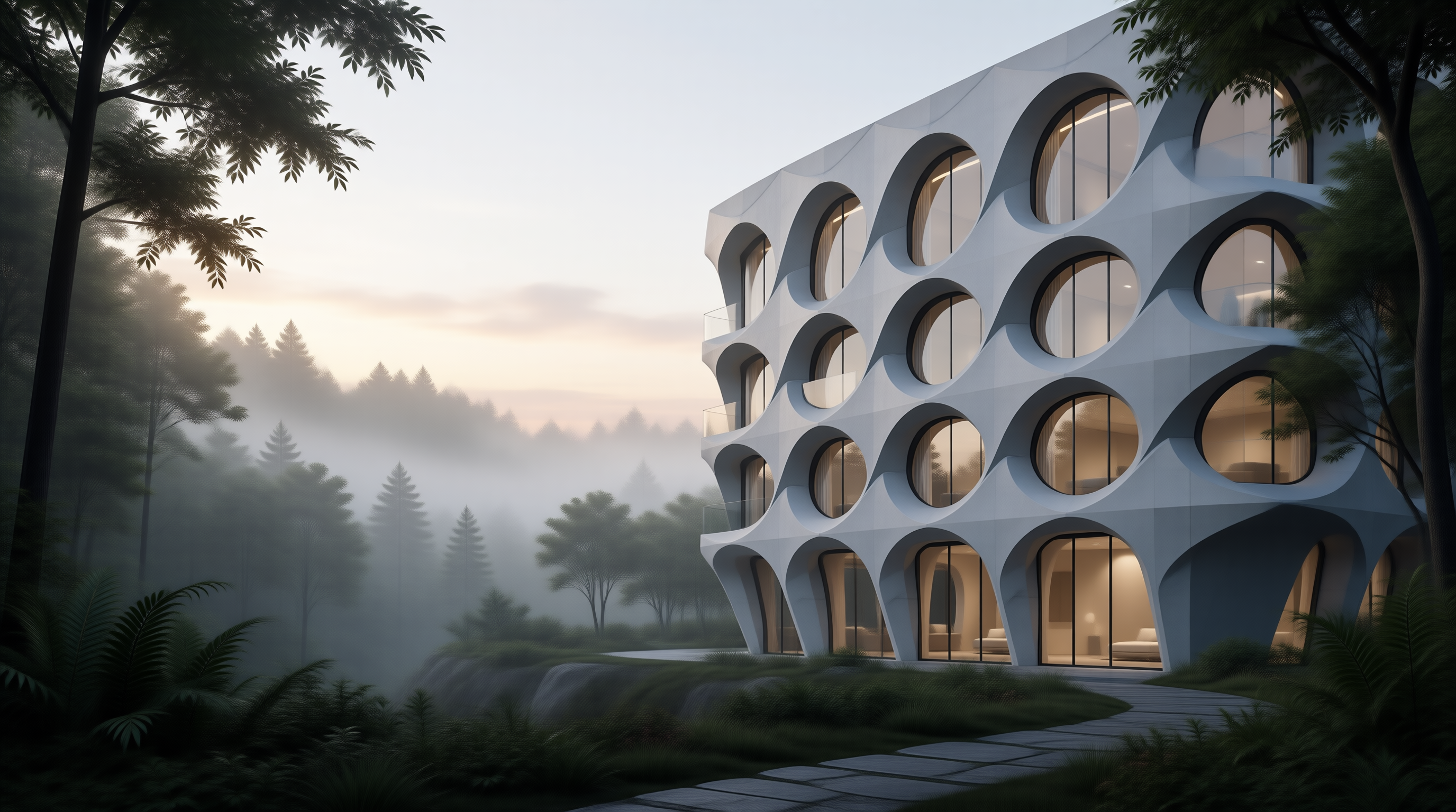 Modern Building in Misty Forest