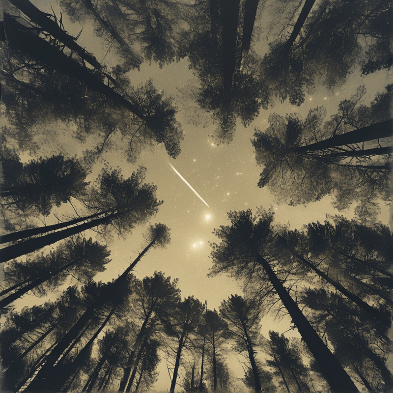 Upward shot of tall pine tree silhouettes surrounding a bright falling meteor in a sepia toned star filled night sky.